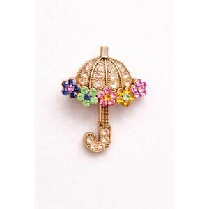 Vintage Umbrella Brooch Rhinestone Gold Tone Multicolor Flower Pin